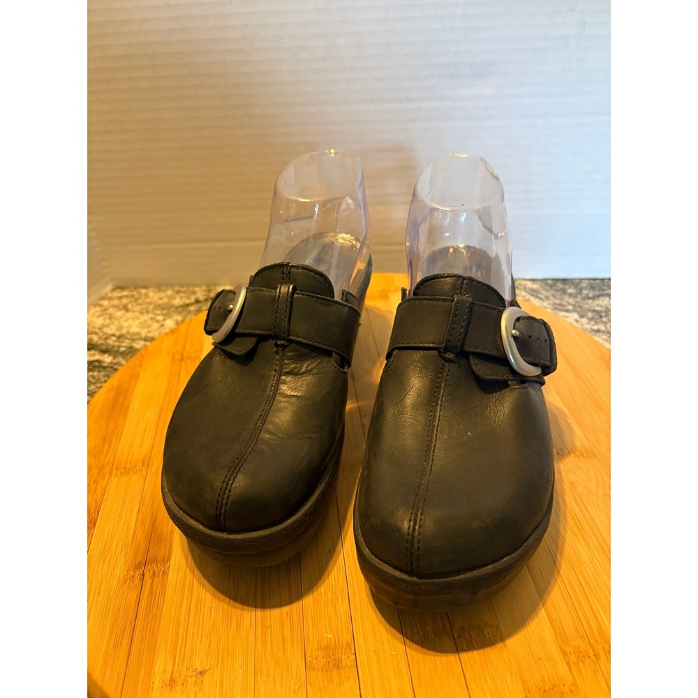 Crocs Women Black Leather Wedge Clogs Buckle Mules Shoes Size 8